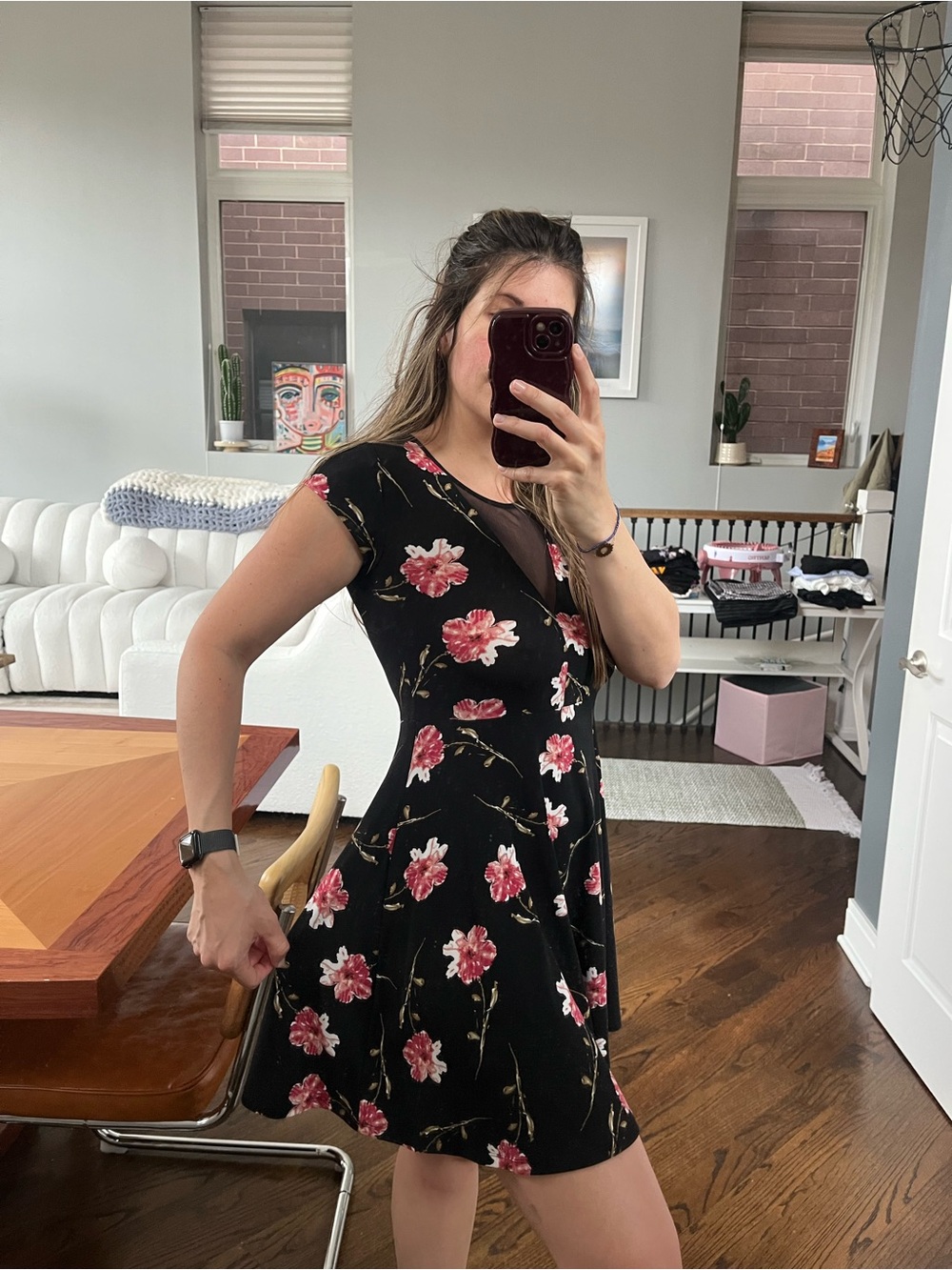 Black Floral Mesh Yoke Dress - Women